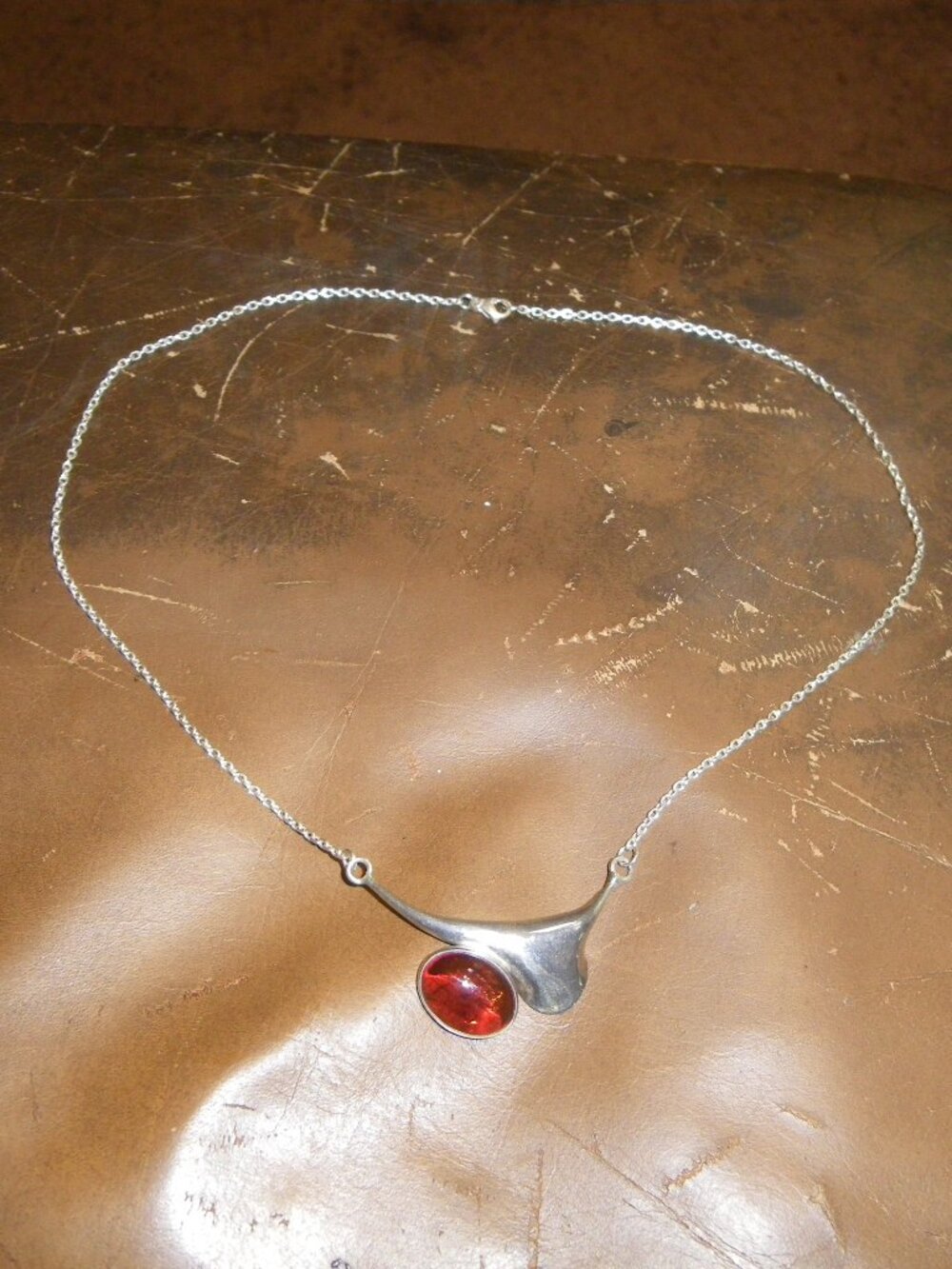 Women’s Sterling Silver Necklace w Large Amber Gemstone Modern Statement Pendant